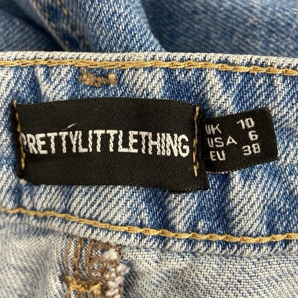 PrettyLittleThing Blue Denim High Rise Distressed Frayed Raw Hem Jean Shorts 6 - Picture 3 of 4